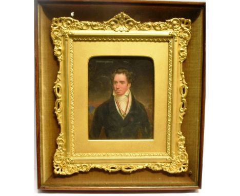 19TH CENTURY SCHOOL Half length portrait of a gentleman Oil on paper Held within ornate gilt frame inside velvet lined rosewo