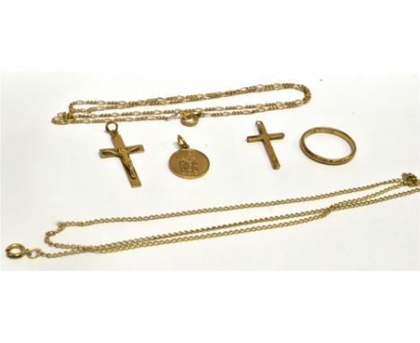 SIX SMALL ITEMS OF 9CT GOLD JEWELLERY Comprising crucifix and small cross pendants, a small Saint Christopher, a small weddin