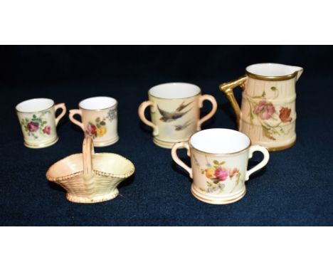 A GROUP OF MINATURE ROYAL WORCESTER ITEMS  including a jug date code 1901, a basket date code 1903, three-handled tyg date co