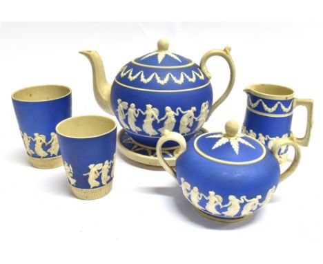 A COLLECTION OF COPELAND SPODE JASPERWARE  sprigged decoration of dancing maidens on a blue ground, the teapot 15cm high