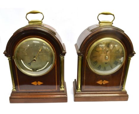 A VICTORIAN MAHOGANY CASED CLOCK AND MATCHING BAROMETER/THERMOMETER  each with brass carrying handles and brass pilasters wit
