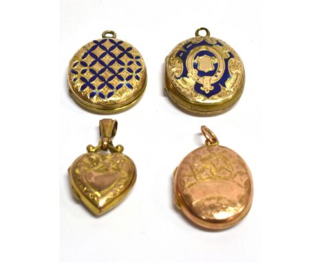 FOUR SMALL ASSORTED LOCKETS  comprising oval 9ct gold back and front examples and one small yellow metal heart Condition Repo
