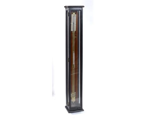 A BRASS STICK BAROMETER, DAVIS, BOSTON  in a glazed wooden case, overall 107cm high.