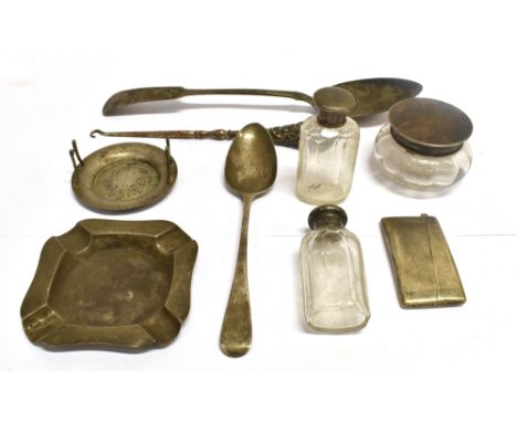 EIGHT ITEMS OF SILVER  comprising a Georgian serving spoon by Thomas Watson, hallmarked Newcastle 1804, a dessert spoon, card