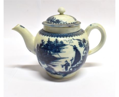 A LATE 18TH CENTURY CAUGHLEY PORCELAIN TEAPOT  decorated in the 'Fisherman and Cormornant' pattern, underglaze blue 'S' mark 