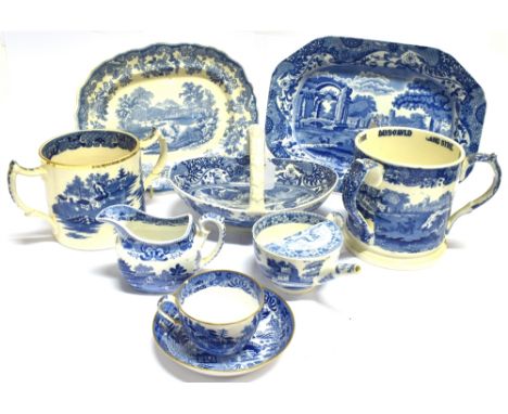 A GROUP OF SPODE TRANSFER PRINTED CERAMICS  comprising a three handled tyg 14cm high, small meat dish 32cm wide and a handled