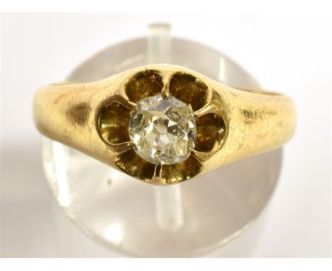 A 0.50 OLD CUT DIAMOND SET 18CT GOLD SIGNET RING  the gypsy claw set front comprising a cushion shaped old cut diamond weighi