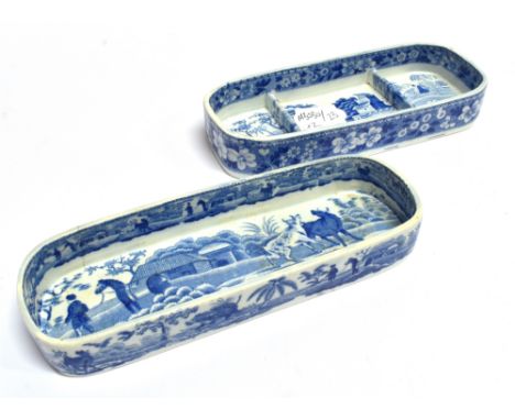 TWO SPODE PEN TRAYS  one transfer printed in the 'Tower' pattern, the other with cattle, a man leading a horse and a rhino, b