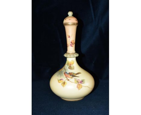 A GRAINGER &amp; CO, WORCESTER LIDDED VASE  with painted decoration of a bird on a branch, with gilded spider and cobweb, sha