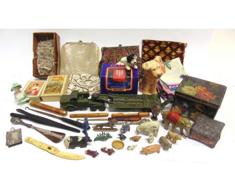 ASSORTED COLLECTABLES  comprising diecast models; a pin cushion doll; playing cards; a beaded and other clutch bags; a small 