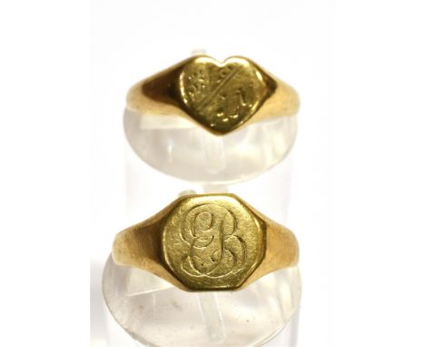 TWO 9CT GOLD SIGNET RINGS  one cushion shaped, the other heart shaped, both with engraved initials, ring sizes K, gross weigh