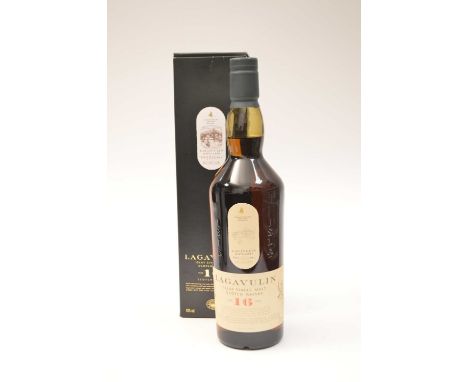 A bottle of Lagavulin Islay single malt Scotch Whisky, 16 years old, boxed.