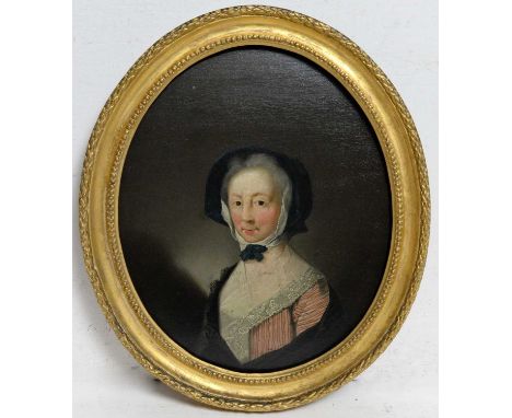 18th Century British SchoolPortrait of a lady in a petrol-blue poke bonnet,oil on panel,27 x 22cms, framed. 