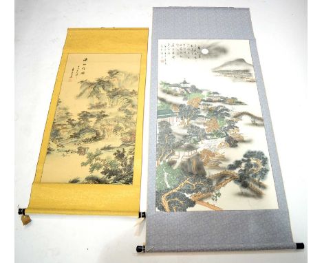 An early 20th Century Chinese scroll painting with ox cart in mountainous landscape, signed, approximately 92cms x 48cms; and