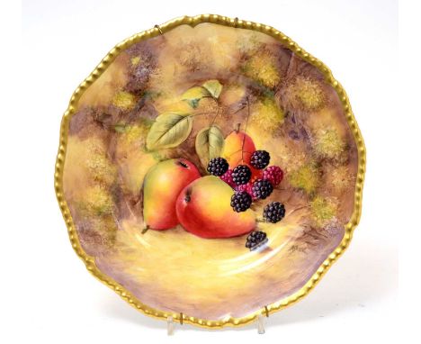 A Royal Worcester fruit painted plate by John Smith, decorated with pears, blackberries and raspberries, leaves and moss, gil