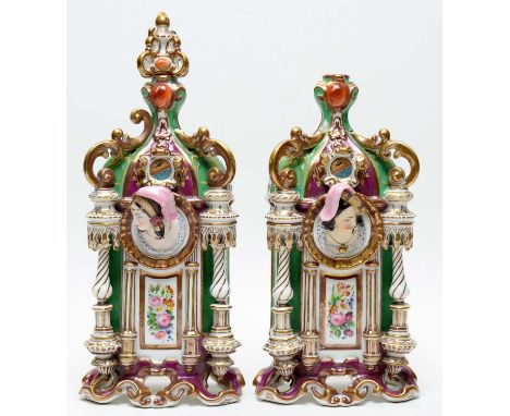 A pair of 19th Century French gothic revival porcelain scent bottles, possibly Jacob Petit, Paris, each of architectural form