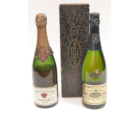 A bottle of Bollinger Vintage Champagne, 1973, boxed; and a bottle of Krug Vintage Champagne, 1971, (lower shoulder). (2)