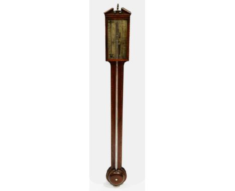 Cortil, Burton: a 19th Century mahogany and herringbone banded stick barometer, with silvered register and architectural pedi