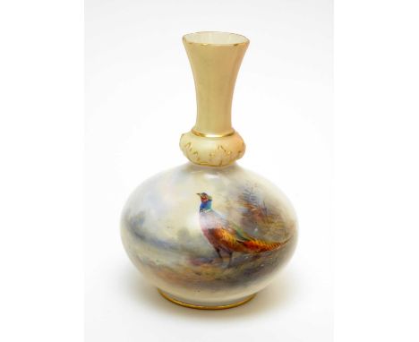 A small Royal Worcester vase of compressed globular form with trumpet neck, painted and signed by James Stinton with a cock p