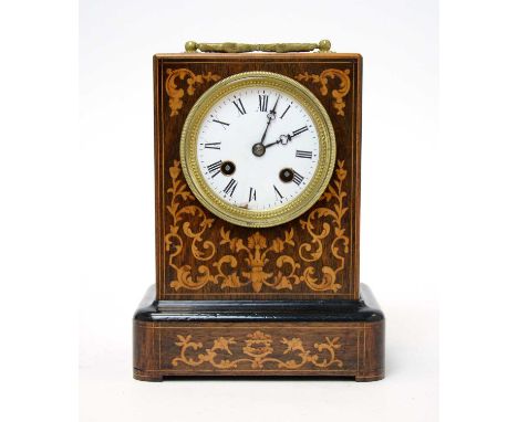 A late 19th Century French inlaid rosewood mantel clock, the enamelled roman dial fitted two-train movement by S. Marti, the 