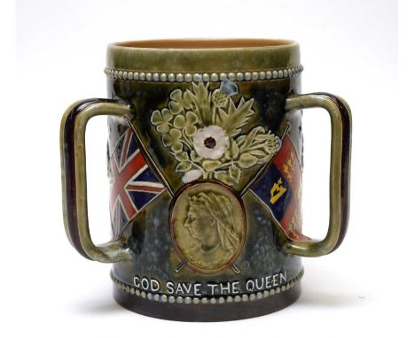 A Doulton Lambeth Stoneware Boer War commemorative tyg circa 1900, of cylindrical form with three lug handles, inscribed 'IN 