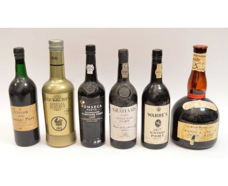A selection of port and liqueur, comprising: Taylor Vintage Port 1970; Cockburn's Special Reserve port bi-centenary; Fonseca 