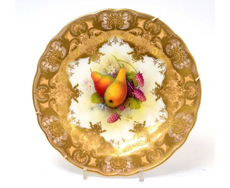 A Royal Worcester fruit painted dessert plate by Albert Shuck (1880-1961), with pears, raspberries, leaves and flowers within