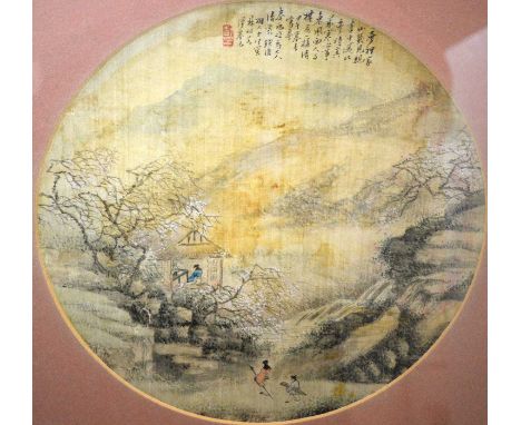 A Chinese circular fan painting on silk, 19th century, with a hunter and boy attendant approaching a hut in a mountain landsc