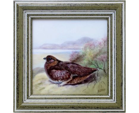 A small Royal Worcester plaque by Nigel Creed (b.1947), painted with a grouse in a moorland lakeland landscape, signed N.CREE