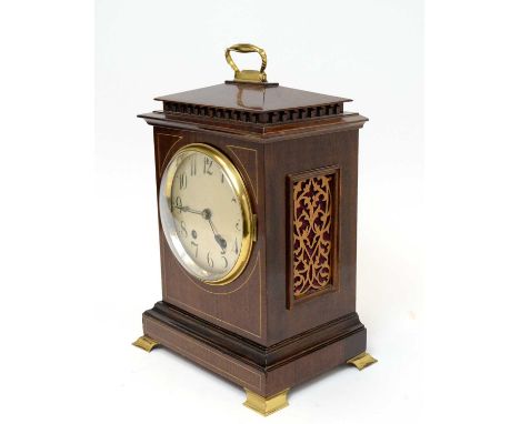 A late 19th Century mahogany quarter-chiming bracket clock, with silvered arabic dial, the two-train movement by Lenzkirch, s