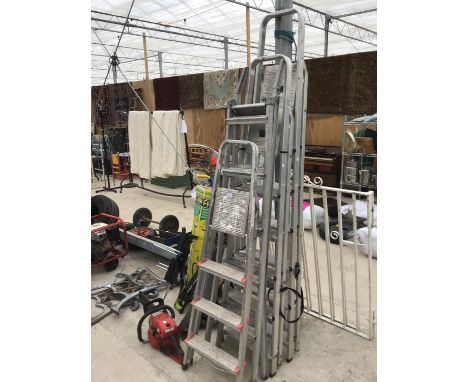 FOUR SETS OF ALUMINIUM STEP LADDERS TO INCLUDE A THREE STEP, FOUR STEP, FIVE STEP AND SIX STEP 