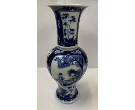 A CHINESE KANGXI STYLE BLUE AND WHITE YEN YEN VASE WITH PRUNUS PATTERN AND PANELLED SCENES OF FIGURES IN LANDSCAPE, SIX CHARA