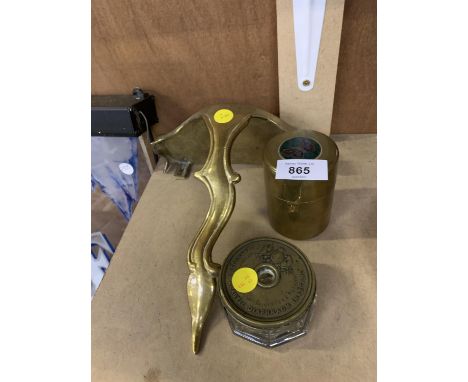 A BRASS WALL SHELF AND TWO INK POTS 