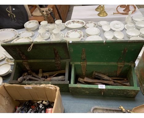 TWO GREEN PAINTED WOODEN BS BIRD &amp; CO TRACTOR MOWER BOXES CONTAINING AN ASSORTMENT OF VINTAGE TOOLS 