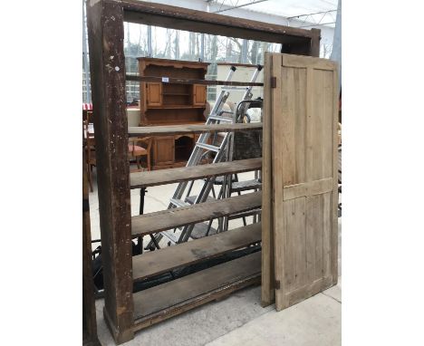 A VINTAGE SIX SHELF SHELVING UNIT AND A PAIR OF DOORS 