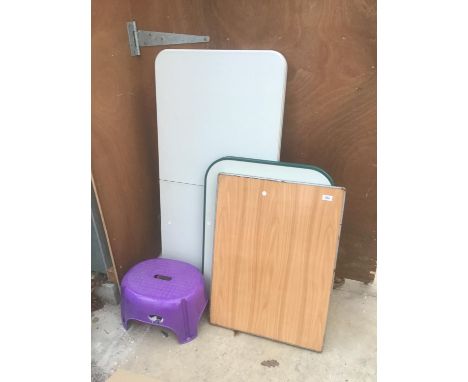 THREE FOLDING TABLES AND A STEP 