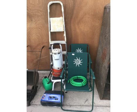 VARIOUS ITEMS TO INCLUDE GARDEN CHAIRS, A NEW CAMPING STOVE, GREENHOUSE HEATER, FOUR RUNG ALUMINIUM STEP LADDER, STEP ETC 