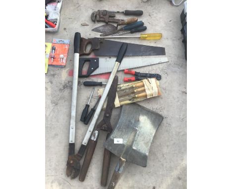 VARIOUS TOOLS TO INCLUDE SAWS, CHISELS, SHOVEL, SCREW DRIVERS ETC 