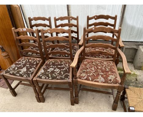 FOUR OAK LADDER BACK DINING CHAIRS AND TWO CARVERS 