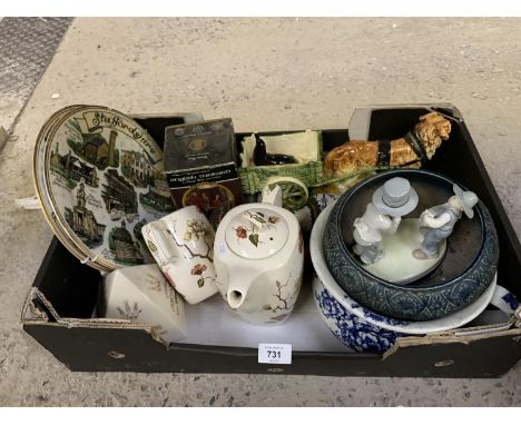 A BOX OF ASSORTED CERAMICS TO INCLUDE STAFFORDSHIRE AND CARLTON WARE EXAMPLES 