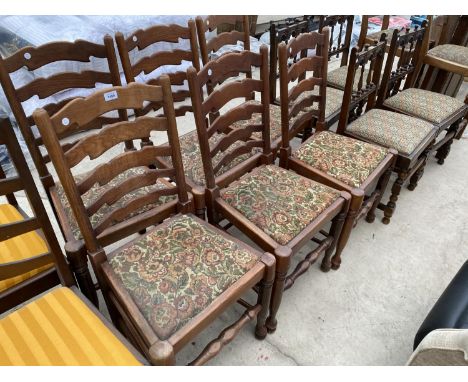 SIX OAK LADDER BACK DINING CHAIRS 