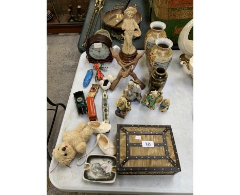A COLLECTION OF MIXED ITEMS TO INCLUDE  CHINESE CERAMIC FIGURES, BOX, MANTLE CLOCK ETC 