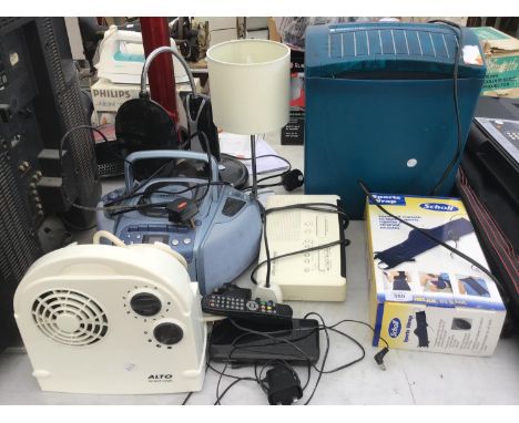 A PORTABLE CD PLAYER, SHREDDER, LAMP, SCHOLL SPORTS WRAP, FAN HEATER ETC 