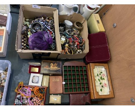 TWO BOXES CONTAINING VARIOUS COSTUME JEWELLERY TOGETHER WITH SEVERAL JEWELLERY CASES, A BOXED LIGHTER, ENAMLE BOX ETC 