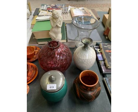 TWO GLASS VASES, A PORCELAIN NUDE LADY FIGURE, FURTHER CERAMIC VASE, STUDIO POTTERY VASE TOGETHER WITH A ROYAL LANCASTRIAN TU