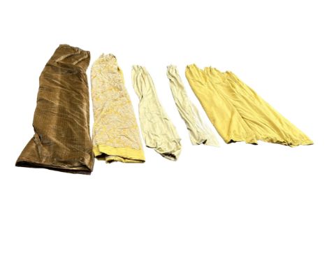 A LARGE GROUP OF CURTAINS TO INCLUDE THREE YELLOW LINED, TWO SMALLER YELLOW LINED, A YELLOW FLORAL DAMASK CURTAIN, AND A CHEN