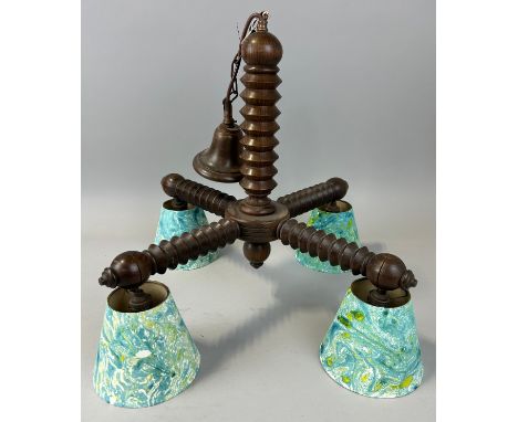 A TURNED WOOD CHANDELIER WITH MARBLED SHADES, 72cm x 57cm