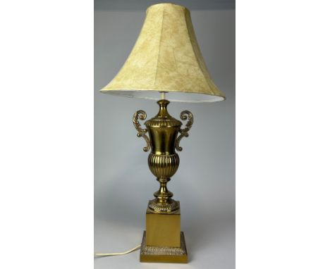 A LARGE BRASS OR BRONZE URN TABLE LAMP, 55cm HWith shade.