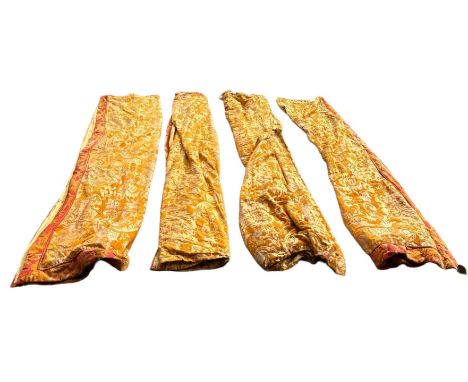 TWO PAIRS OF YELLOW ORANGE AND RED DAMASK CURTAINS (4) 400cm x 178cm each.