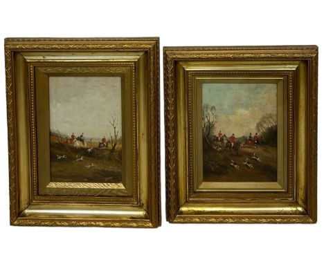 PHILIP H. RIDEOUT (FRENCH 1860-1920): TWO OIL PAINTINGS ON BOARD DEPICTING HUNTING SCENES WITH MEN ON HORSEBACK AND HOUNDS, L
